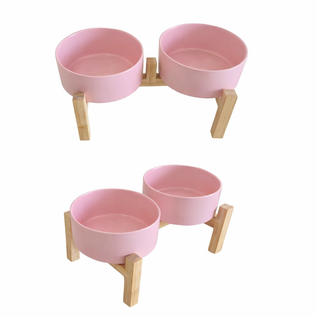Comedero Doble de Cerámica con Soporte de Madera